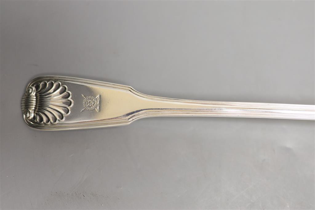 A Victorian silver fiddle, thread and shell pattern sauce ladle, Elizabeth Eaton, London, 1855, 33.5oz, 9.5oz,